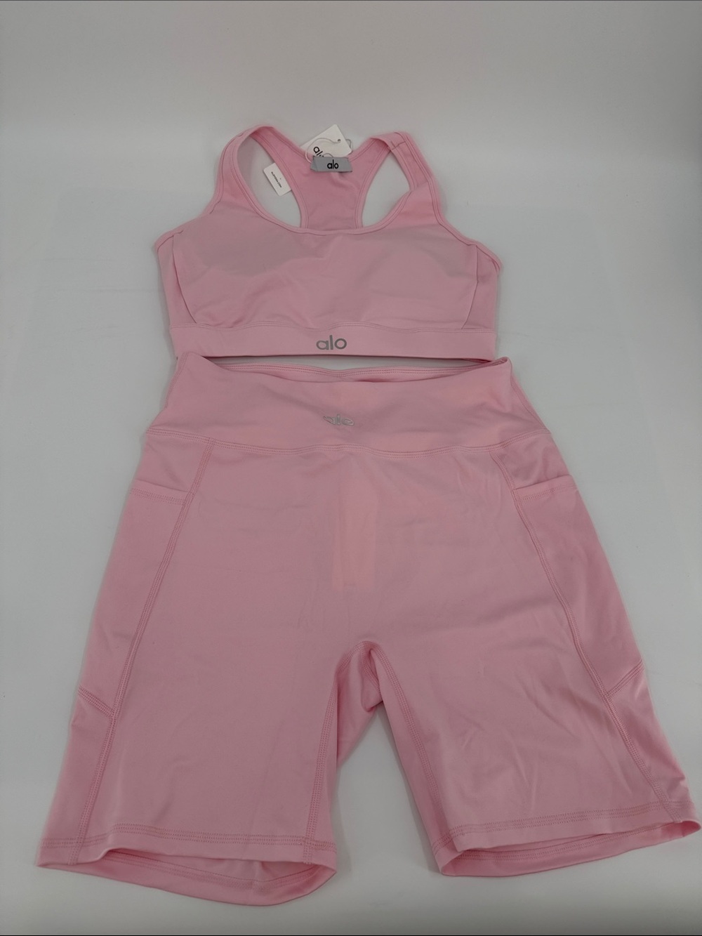 ALO Yoga Light Pink Racerback Sports Bra & High-Waist Bike Shorts